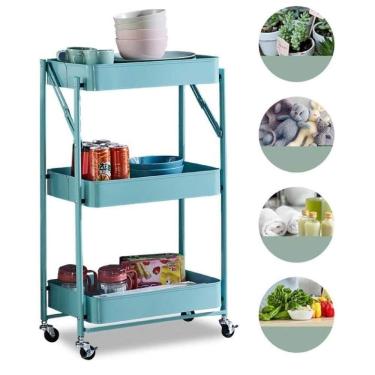 Imagem de Carrinho Multiuso 3 Cesto Vazado Organizador Dobravel Compacto Em Aço Verde Salao Cabelereiro Adega Com Rodinhas