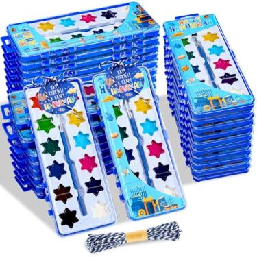 Imagem de AmazingSpark 24 Pcs Hanukkah Watercolor Painting Set for Kids, 12 Washable Colors with Brush Hanukkah Gift Mini Travel Paint Sets with Cards for Children Classroom, School Party Supplies