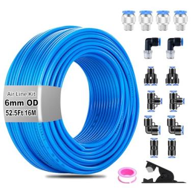Imagem de QITUO Kit de linha de ar de 6 mm, diâmetro externo de 6 mm x acessórios de tubulação de mangueira de ar azul, 15 peças de kit de acessórios de linha de ar comprimido para conexão de acessórios para