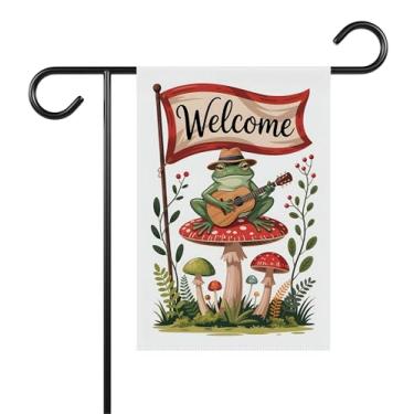 Imagem de Bandeira musical Welcome Mushrooms And Frog, bandeira engraçada de jardim de sapo e cogumelos para amantes de animais, rãs cottagecore, presente de inauguração de casa, decoração ao ar livre e