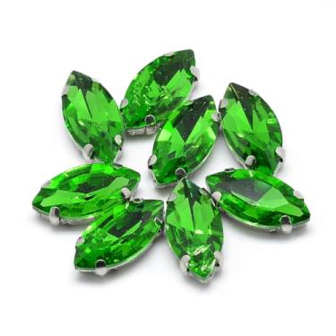 Imagem de 50 peças de cabochão de strass de vidro, vidro em forma de olho de cavalo facetado verde costurado em strass com configurações de garras de latão tom platina, acessórios de vestuário para vestidos