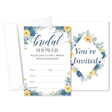 Imagem de Convites de chá de panela foral azul com envelopes, convites de casamento azul empoeirado, convite de chá de panela para festa de noivado despedida de solteira, conjunto de 25 -B09