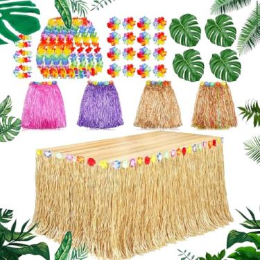 Imagem de Família havaiana, saia de mesa de grama luau natural 2,5 m x 75 cm, saia de mesa havaiana, 4 peças de saias havaianas luau hula decorações saias de grama festa havaiana, festa de aniversário na praia