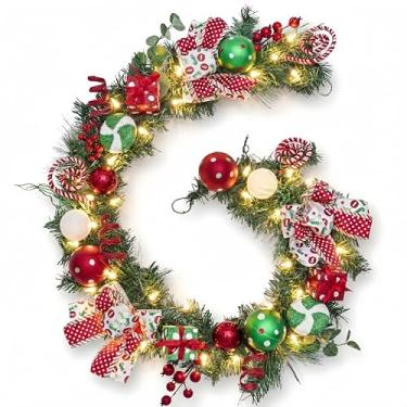 Imagem de Valery Madelyn Pre-Lit Guirlanda de Natal de 1,8 m, coleção clássica, esplendor, vermelha, verde, branca, com 20 luzes LED e ornamentos de bola para decoração de Natal da janela da porta da frente, manto de lareira, operada por bateria