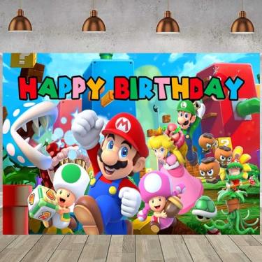 Imagem de 1 pacote com faixa para decoração de festa Mario, fundo fotográfico para festa de aniversário de crianças Mario Photo Booth (4,16 x 2,3 pés)
