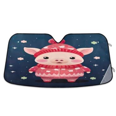 Imagem de Wassud Para-brisa para-sol acessórios de carro dobrável para janela frontal de carro blocos raios UV porco de Natal em chapéu de Papai Noel protetor solar refletivo 59,7 x 134,6 cm