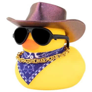 Imagem de wonuu Ornamentos de painel de carro patos de borracha, chapéu de cowboy amarelo com glitter, decoração de pato com mini boné, colar, óculos de sol (cowboy roxo escuro)