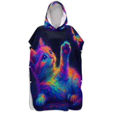 Imagem de Joisal Roupão vestível para adultos poncho de surfe toalha de banho com capuz gato fofo borboleta neon ponchos femininos com capuz