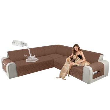 Imagem de ALIECOM Capas de sofá seccionais de canto, à prova d'água, laváveis, em forma de L, protetora, geométrica, jacquard, capa de móveis, com alça ajustável para cães de estimação (pequena, café)