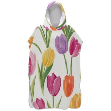 Imagem de Joisal Aquarela Tulipa Flor Branco Trocador Roupão para Adultos Surf Poncho Praia Moletom Toalha Floral Secagem Rápida Unissex Adulto Poncho com Capuz