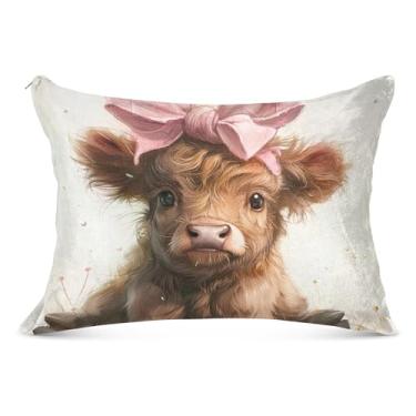 Imagem de Capas de travesseiro decorativas Highland Cow Pink Bow Flanela Padrão Queen King Capas de cama coloridas extra macias, tamanho Queen, 50,8 cm x 76,2 cm