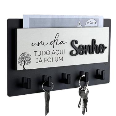 Imagem de Porta Chaves Decorativo 05 Ganchos em MDF - Ideal para Entrada, Corredor, Cozinha ou Área de Serviço - Organização e Decoração(preto com branco)