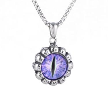 Imagem de Colar masculino e feminino retrô gótico punk vidro roxo olho de diabo olho do diabo, colar com pingente de borda padrão de crânio de aço inoxidável 316L, corrente de pérola quadrada de aço inoxidável