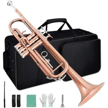 Imagem de VEDO Kit para iniciantes de trompete em Si bemol, instrumento de sopro de metal para estudantes, estojo rígido, ferramentas de limpeza, bocal 7C e luvas. (Rosa Dourado)