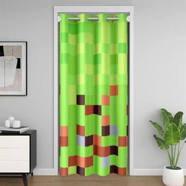 Imagem de Manfei Cortina de porta com blocos pixelados para privacidade de entrada 152 cm x 213 cm C gamepad mineiros videogames capa de porta de armário drapeada para quarto geométrico camuflagem grade
