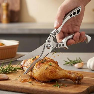 Imagem de Tesouras de cozinha, tesouras de aves resistentes para frango, carne, peixe, legumes, cabo antiderrapante com trava de segurança, tesoura de cozinha multifuncional com mola, pode ser lavada na