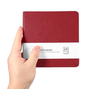 Imagem de PATIKIL Caderno de esboço pequeno, 13 x 13 cm, mini bloco de papel aquarela, 300 g/m2, papel grosso, 24 folhas/48 páginas, bolso quadrado para desenhar, viagem, artista, adultos, vermelho escuro