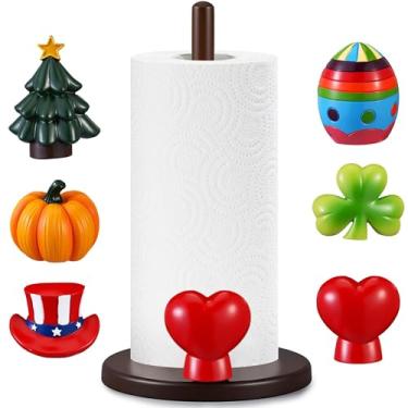 Imagem de Tiangrid Suporte magnético intercambiável de toalha de papel para férias com 6 ornamentos de resina sazonal - decoração de bancada de cozinha de pinho de madeira - presente de decoração de casa