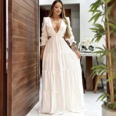 Imagem de Vestido Feminino Longo Manga Longa Decote V Profundo Casamento Crepe L