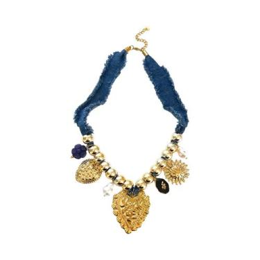 Imagem de Colar De Corda Azul Jeans Com Pingente De Flor Acrílica, Coração Doura