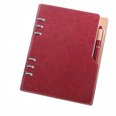 Imagem de A5 6 Anéis Couro PU Folhas Soltas Business Round Pasta Caderno Cadernos 90 Folhas Com Uma Caneta Exposta Inserida, Vinho, 4 PCS