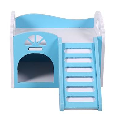 Imagem de Casa de Hamster, Placa de plástico de madeira Pet Cabin Pequeno Animal Hideout Rat Villa Cabana de duas camadas para animais pequenos, equipada com escada (azul)