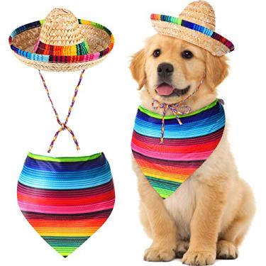 Imagem de Chapéu de Sombrero de Cachorro Multicolorido Sombrero Chapéus de Festa Chapéu de Palha Mexicano e Bandana de Cachorro Triângulo Babador Fantasia para Decorações de Festa Mexicana Cinco De Mayo Fiesta