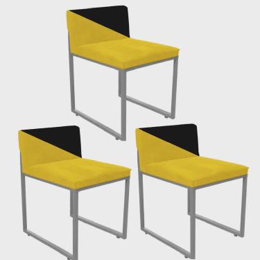 Imagem de Kit 03 Cadeira Office Lee Duo Sala de Jantar Industrial Ferro Prata Suede Amarelo e Preto - Ahazzo Móveis