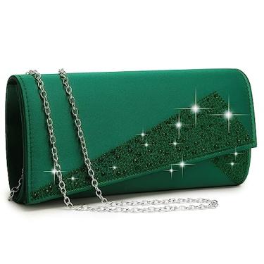 Imagem de Dasein Bolsa feminina de cetim com strass, clutch para noite, brilhante, brilhante, para festa, casamento, coquetel, formatura, Verde, Small