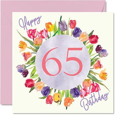 Imagem de Lindos cartões de aniversário de 65 anos para mulheres - buquê de flores de tulipas aquarela - cartão de feliz aniversário para sua avó, babá, avó 14 x 14 cm, lindo presente floral cartões de felicitações