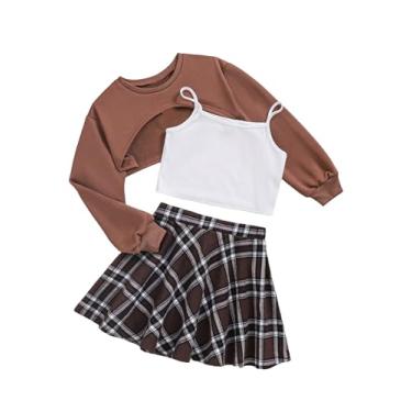 Imagem de Milumia Roupas femininas de 3 peças de manga comprida pulôver alto baixo cropped saia patinadora xadrez com camiseta, Marrom e branco, 12 Anos