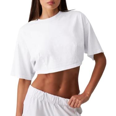 Imagem de Fisoew Camisetas femininas de algodão manga curta atléticas verão solo básico para treino, Branco, XXG