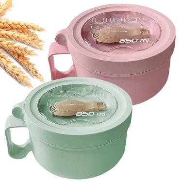 Imagem de MUUBOOX Conjunto de tigelas de ramen de palha de trigo para micro-ondas tigelas de macarrão com tampa e colher, utensílios dobráveis e design aprimorado de fácil aderência para qualquer lugar – Comporta sopa, arroz, cereais e muito mais – Livre de BPA (rosa + verde)