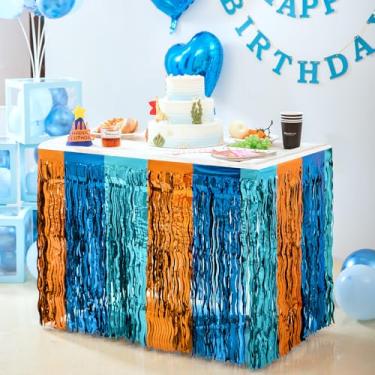 Imagem de Decorações de festa de aniversário Blue Dog, saia de mesa laranja azul ondulada, serpentinas de franja metálica para mesa quadrada ou redonda (1,8 m/2,4 m), suprimentos de festa temáticos de cachorro