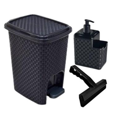 Imagem de Lixeira Rattan 7 Litros + Dispenser Detergente e Esponja + Rodo