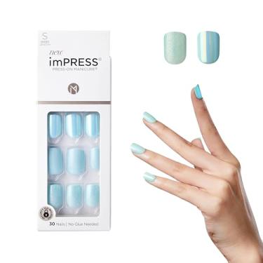Imagem de KISS imPRESS Unhas sem cola, design, "Rain Check", azul, tamanho curto, formato squoval, inclui 30 pregos, bloco de preparação, folha de instruções, 1 bastão de manicure, 1 mini lixa