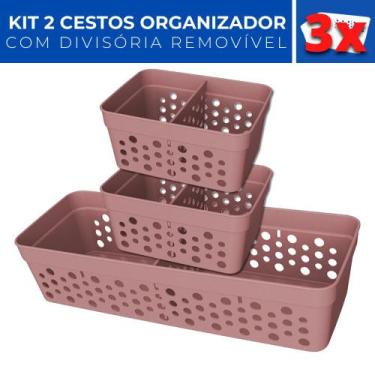 Imagem de Kit 3 Cesto Organizador Rattan c/ Divisória Removível Mini M - Usual U