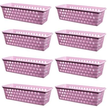 Imagem de Kit 8 Cestos Multiuso Comprido Retangular Rosa 28x11x8 Cm 123Organizei