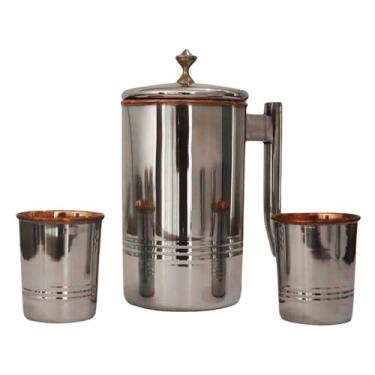 Imagem de Jarra de água de aço inoxidável e cobre puro com 2 copos combinando para benefícios de saúde Ayurveda (140 ml) (forro inferior com botão de latão)