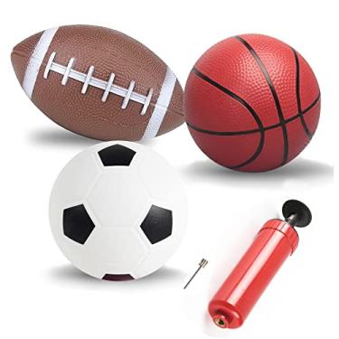 Imagem de Bolas de futebol basquete pequenas esportivas com bomba manual para crianças e crianças – (pacote com 3) conjunto de bolas esportivas de borracha de 15 cm de diâmetro para diversão ao ar livre e quintal
