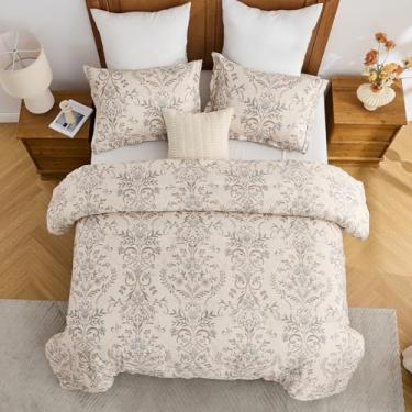 Imagem de Conjunto de edredom Unicinens King Size - Damasco vintage, leve, quente, respirável, para todas as estações, edredom acolchoado macio e fofo com 2 fronhas, marrom/bege