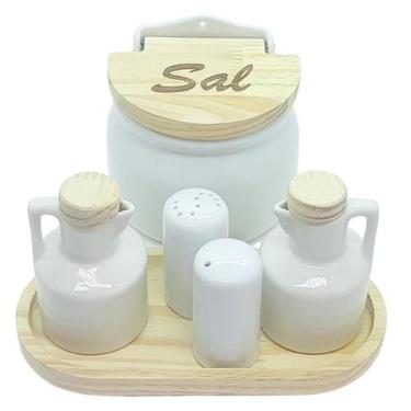 Imagem de Kit Cozinha 6 pçs - 2 Galheteiros, Saleiro, Paliteiro + Saleiro Parede