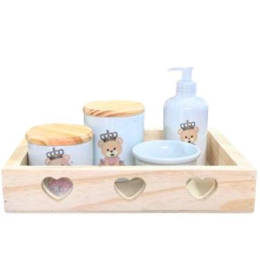 Imagem de Kit higiene bebê Princesa Ursinha Realeza 5 peças -Bandeja, potes, por