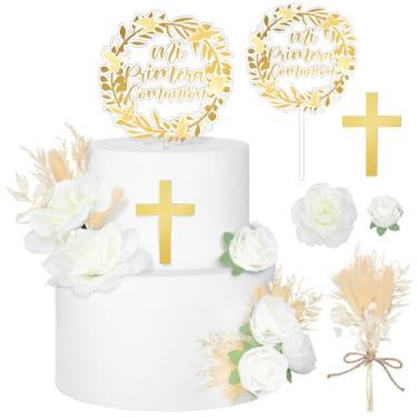 Imagem de Knitgrip Mi Primera Comunion Cross Gold Cake Topper and Dried Flower Decor Set First Holy Communion Baptism Cake Pick Religious God Bless Baptism Cake Decoration for Celebration Milestones Decor