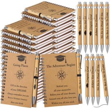 Imagem de Humyoun 120 peças de presentes de formatura a granel, 60 diários motivacionais e 60 canetas de bambu inspiradoras para graduação, cadernos Kraft, canetas esferográficas retráteis de madeira para aulas