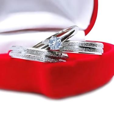 Imagem de Anel de Namoro Par Aliança Compromisso Solitário e Caixa de Veludo Noivado Diamantada Aço Inox Prata(23,24/25)