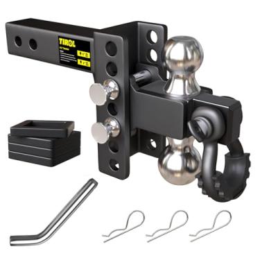 Imagem de TIROL Recetor de engate de reboque ajustável de 5 cm com manilha - Engate de queda de 10 cm de queda/ascensão, engates esféricos de 5 cm e 6 cm, suporte de esfera de reboque resistente de 11,339 kg