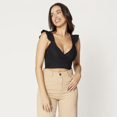 Imagem de Blusa Cropped Cruzado Manga com Babado Preto - Sal Do Mar