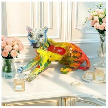 Imagem de Estátua moderna criativa ornamento de arte leopardo escultura artesanato entrada casa sala de estar refrigerador de vinho amostra decoração de quarto (laranja amarelo)