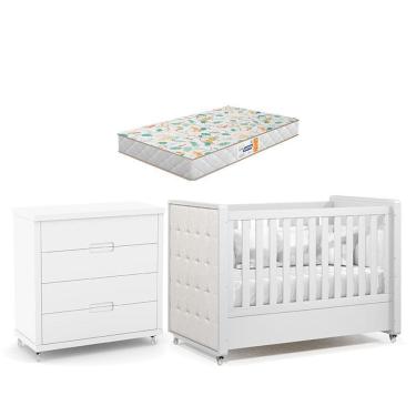 Imagem de Berço Americano Com Capitonê New Boucle E Cômoda Gaveteiro Infantil Tutto New Branco Acetinado E Colchão Gazin - Matic